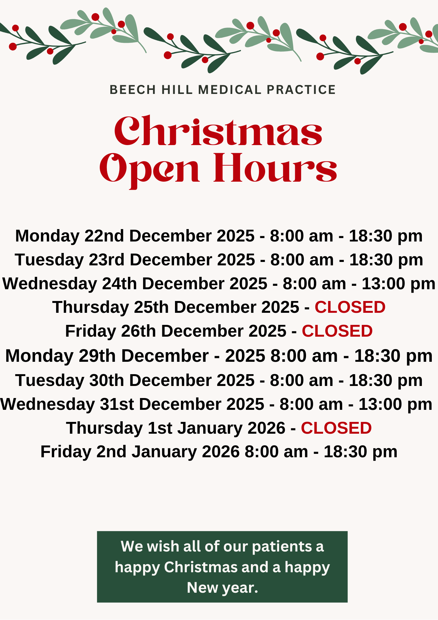OPENING HOURS CHRISTMAS AND NEW YEAR WEEK